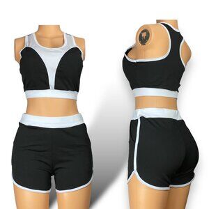 Women Tracksuit Short Sleeve Crop Top & Shorts - Tops with Removable Pads |Black